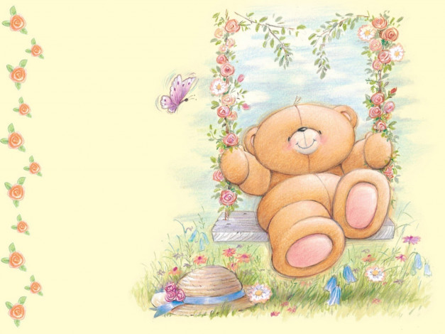 Обои картинки фото рисованное, мишки тэдди, мишка, качели, цветы, бабочка, шляпа