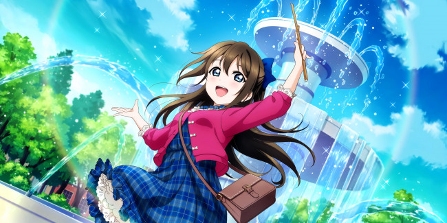 Обои картинки фото аниме, love live,  school idol project, девочка, сумочка, палка, фонтан
