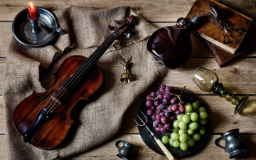 обоя музыка, -музыкальные инструменты, скрипка, виноград, свеча