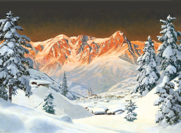 Обои картинки фото рисованное, alois arnegger, горы, лес, снег, зима, город, долина