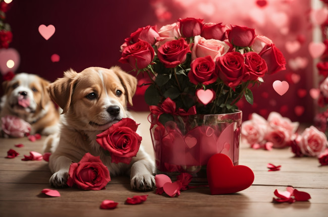 Обои картинки фото праздничные, день святого валентина,  сердечки,  любовь, розы, сердечки, щенок