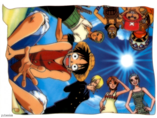 Обои картинки фото sunny, day, аниме, one, piece, nami, monkey, d, luffy, sanji, roronoa, zoro, usopp, chopper, nefertari, vivi, carue