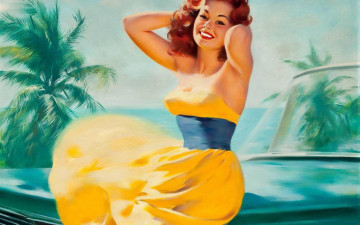 Картинка рисованные люди пальмы девушка