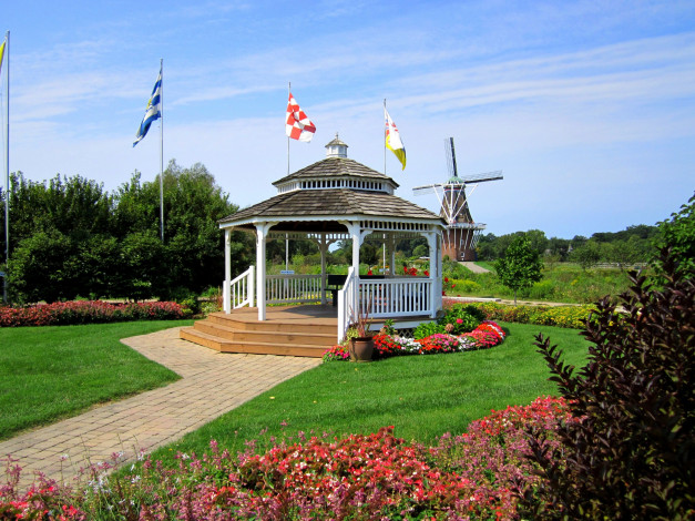 Обои картинки фото garden, gazebo, windmill, island, природа, парк, мичиган