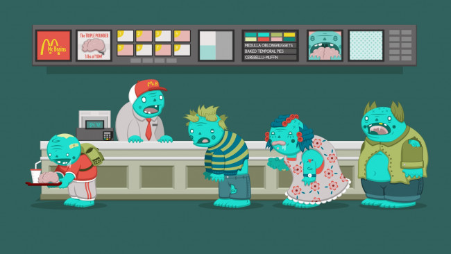 Обои картинки фото зомби, любят, фаст, фуд, векторная, графика, касса, кепка