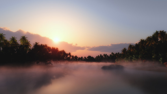 Обои картинки фото 3д графика, nature, landscape , природа, пальмы, озеро, закат, горы