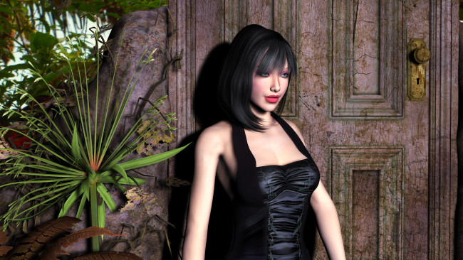 Обои картинки фото 3д графика, people , люди, взгляд, девушка, дверь, растения