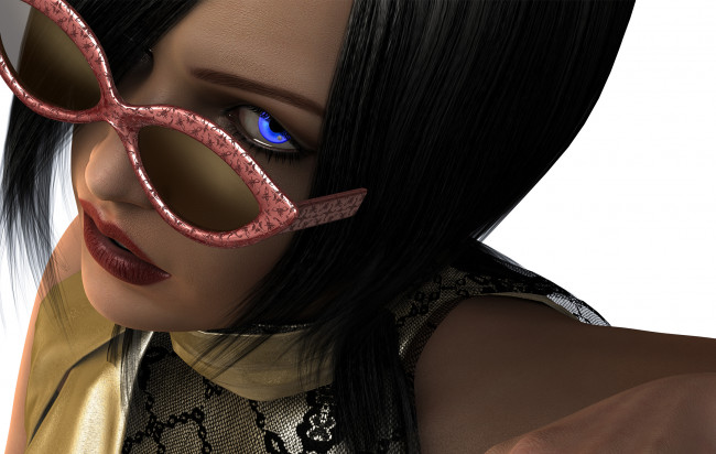 Обои картинки фото 3д графика, portraits , портрет, синий, глаз, черные, волосы, очки, девушка