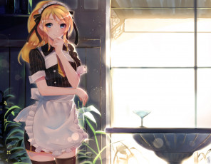 Картинка аниме love+live +school+idol+project ayase eli ленты чулки фартук форма цветы растения бокал junp окно свет стол комната горничная девушка