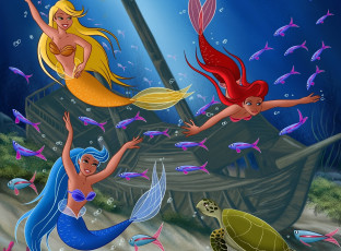 Картинка векторная+графика мультфильмы+ cartoons рыбы море русалки лодка