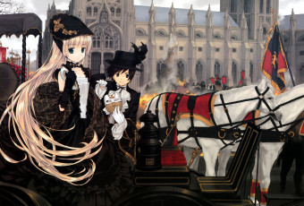Картинка аниме gosick пожар огонь платье мужчина девушка небо люди улицы здания город kujou kazuya victorica de blois takeda hinata шляпа перья венецианская маска попона флаг животные лошади карета