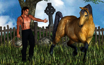 Картинка 3д+графика люди+ people лошадь фон мужчина взгляд