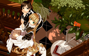 Картинка аниме gosick девушка клетка мужчина лестница клетчатый пол растения лампа платье kujou kazuya стол трубка цветы книга попугай чепец библиотека victorica de blois cilou