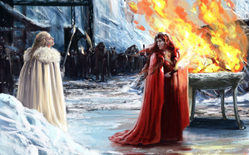 Картинка фэнтези девушки princess val game of thrones плащ армия огонь факел melisandre