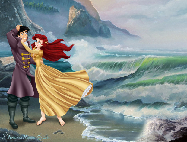 Обои картинки фото векторная графика, мультфильмы , cartoons, взгляд, девушка, горы, море, волны, парень, фон