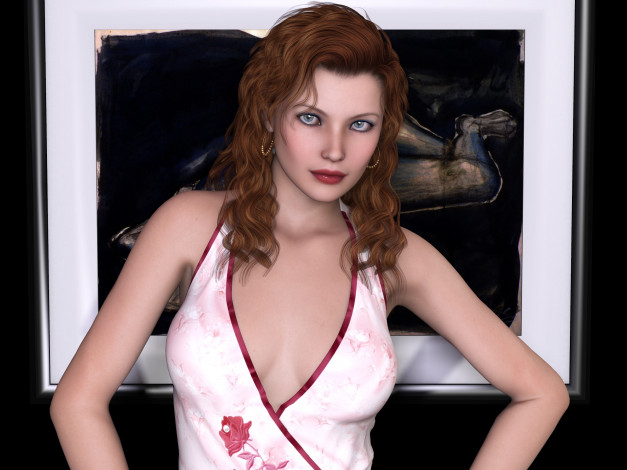 Обои картинки фото 3д графика, люди , people, девушка, рыжая, фон, взгляд