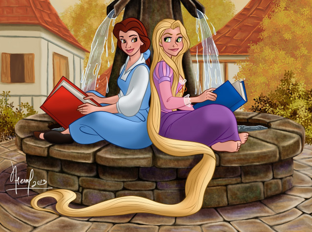 Обои картинки фото векторная графика, мультфильмы , cartoons, взгляд, девушки, книги, фон, фонтан