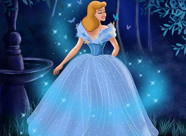 Обои картинки фото векторная графика, мультфильмы , cartoons, улыбка, платье, принцесса, фонтан, бабочки