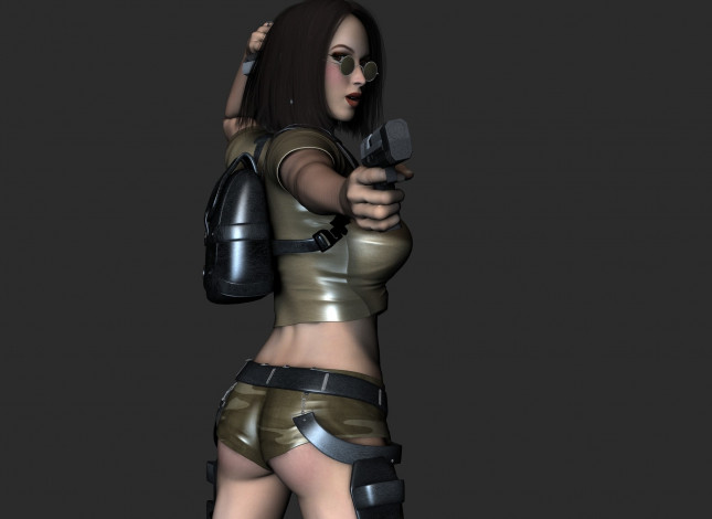 Обои картинки фото 3д графика, фантазия , fantasy, оружие, фон, взгляд, девушка