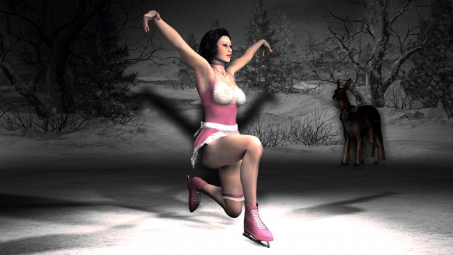 Обои картинки фото 3д графика, люди , people, олень, коньки, снег, взгляд, девушка, лед, фон