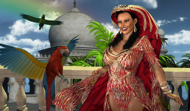 Обои картинки фото 3д графика, люди , people, фон, взгляд, девушка, улыбка, птицы