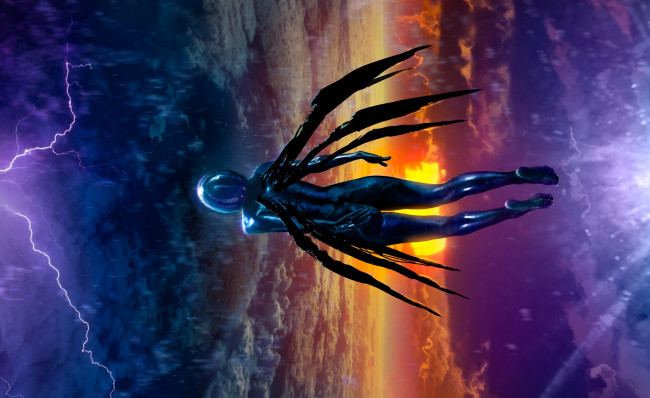 Обои картинки фото фэнтези, существа, существо, девушка, alexiuss, закат, небо