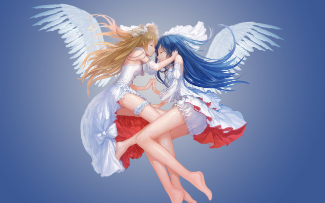 Обои картинки фото аниме, love live,  school idol project, перья, крылья, ritsuki, фата, свадебное, ангел, девушки, sonoda, umi, minami, kotori, assassinwarrior, украшения, платье