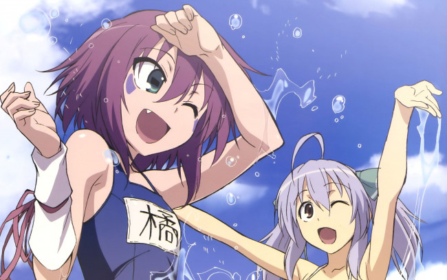 Обои картинки фото аниме, yumekui merry, капли, ленты, вода, купальник, бант, облака, небо, девушки, tachibana, isana, merry, nightmare