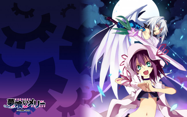 Обои картинки фото аниме, yumekui merry, оружие, кулон, меч, полнолуние, луна, цветок, девушка, шляпа, татуировка, engi, threepiece, ленты, merry, nightmare