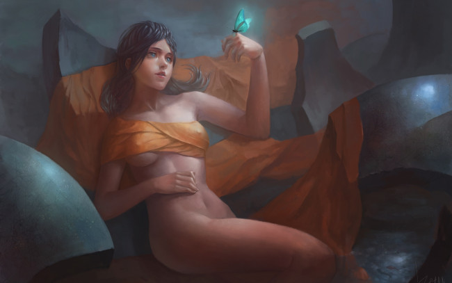 Обои картинки фото рисованное, люди, девушка, ткань, бабочка, обнажена