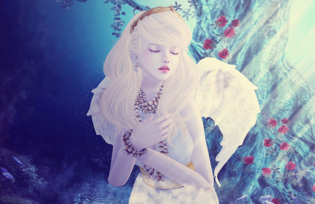 Обои картинки фото 3д графика, ангел , angel, девушка, цветы, фон