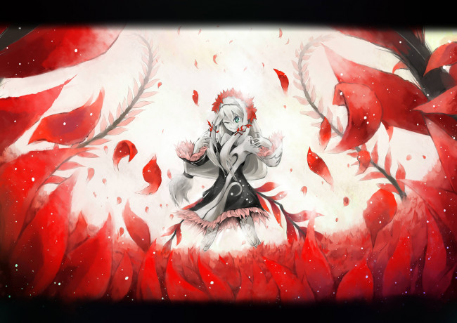 Обои картинки фото аниме, yumekui merry, ухмылка, растения, mistelteinn, девушка, платье, листья