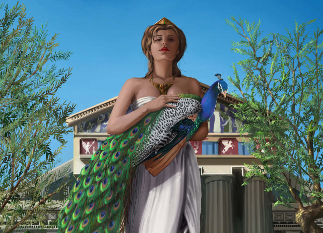 Обои картинки фото рисованное, люди, деревья, дворец, богиня, девушка, павлин, гера
