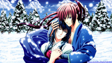 Картинка аниме rurouni+kenshin tomoe yukishiro самурай kenshin himura мужчина снег лес