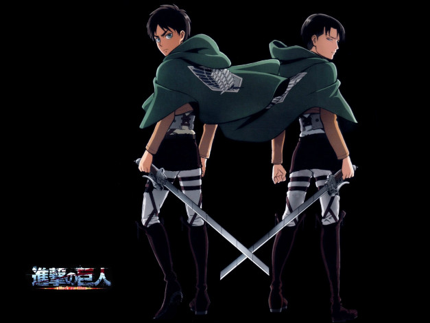 Обои картинки фото аниме, shingeki no kyojin, shingeki, no, kyojin, вторжение, титанов, военная, форма, levi, ackerman, eren, yeager, черный, фон, art, hajime, isayama, клинки