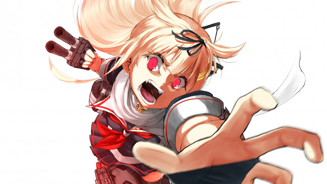 Обои картинки фото аниме, kantai collection, девушка, взгляд, фон, оружие