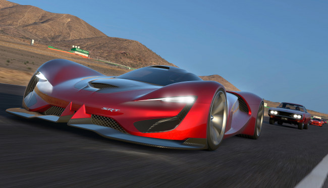 Обои картинки фото srt tomahawk concept, автомобили, 3д, srt, tomahawk, vision, gran, turismo, красный, concept