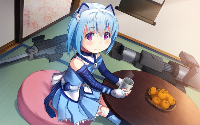 Обои картинки фото аниме, оружие,  техника,  технологии, фон, взгляд, девушка