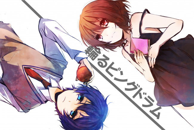 Обои картинки фото mawaru penguin drum, аниме, девушка, парень, фон, взгляд