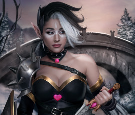 Картинка 3д+графика эльфы+ elves уши грудь девушка нож волосы зима красота эльф взгляд adalia