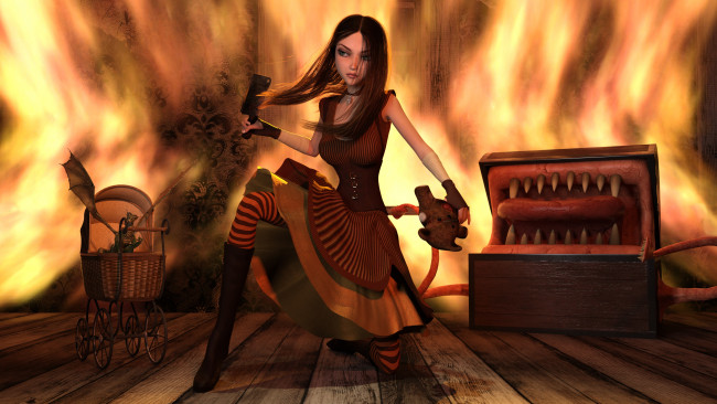 Обои картинки фото 3д графика, ужас , horror, фон, взгляд, девушка