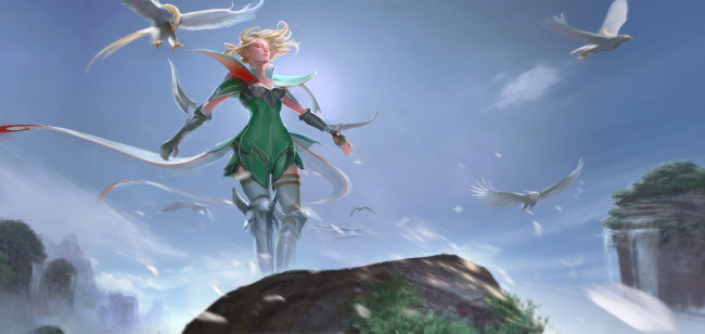 Обои картинки фото фэнтези, эльфы, птицы, униформа, фон, девушка