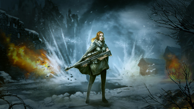 Обои картинки фото видео игры, battalion wars, фон, снайпер, винтовка, взгляд, девушка