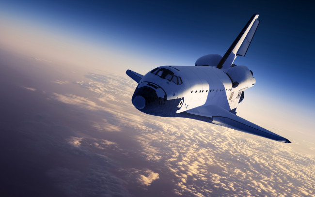 Обои картинки фото космос, космические корабли,  космические станции, шаттл, земля, облака, солнце, небо