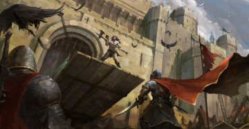 Картинка фэнтези люди замок фон мост рыцарь