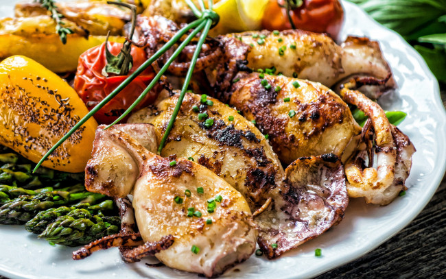 Обои картинки фото еда, рыбные блюда,  с морепродуктами, кальмар