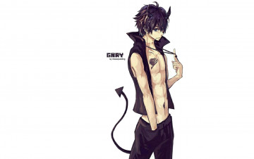 обоя аниме, fairy tail, парень, рога, тату, хвост, крестик