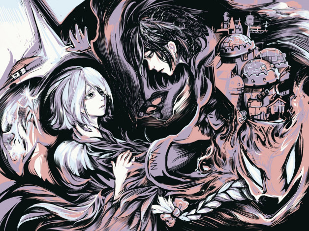 Обои картинки фото аниме, howl`s moving castle, лица, город