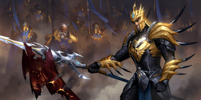 Обои картинки фото видео игры, league of legends,  legends of runeterra, jarvan, iv, копье, флаг, воины