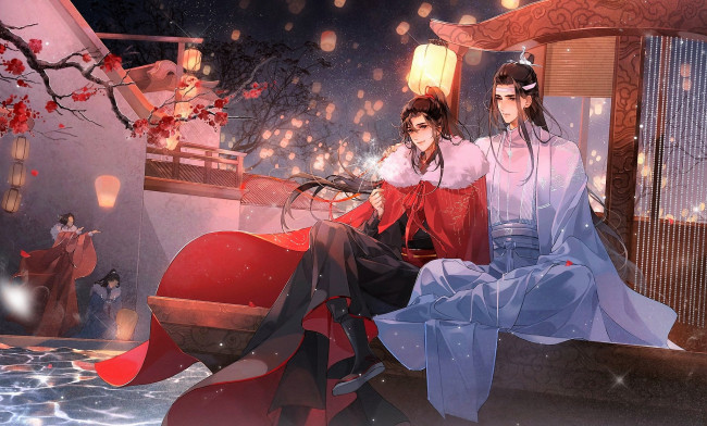 Обои картинки фото аниме, mo dao zu shi, вэй, усянь, лань, ванцзы, фонари, вода